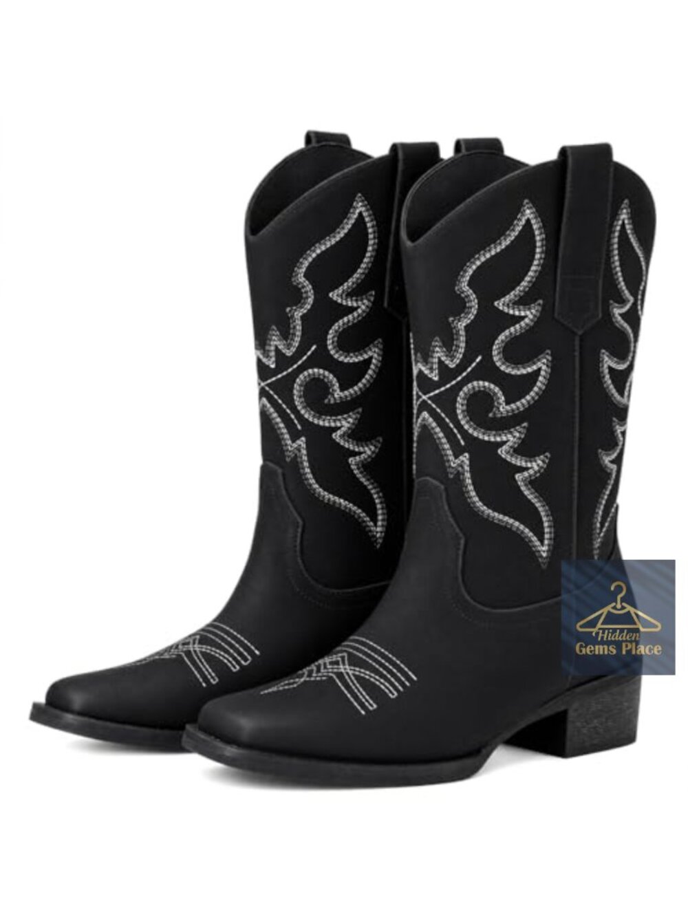 Women's Square Toe Mid Calf Cowgirl Boots Low Heel Faux Leather Western